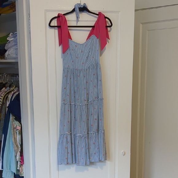 Girly Cherry Picnic Dress Blue Pink Gingham Comfy Rayon Jersey Ribbon Tie Straps - Picture 2 of 5